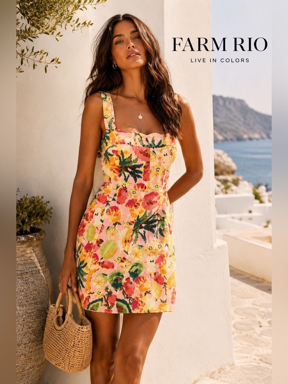 Farm Rio Frutas Linen Mini Dress Printed Novelty Euro Summer Pink Womens Small